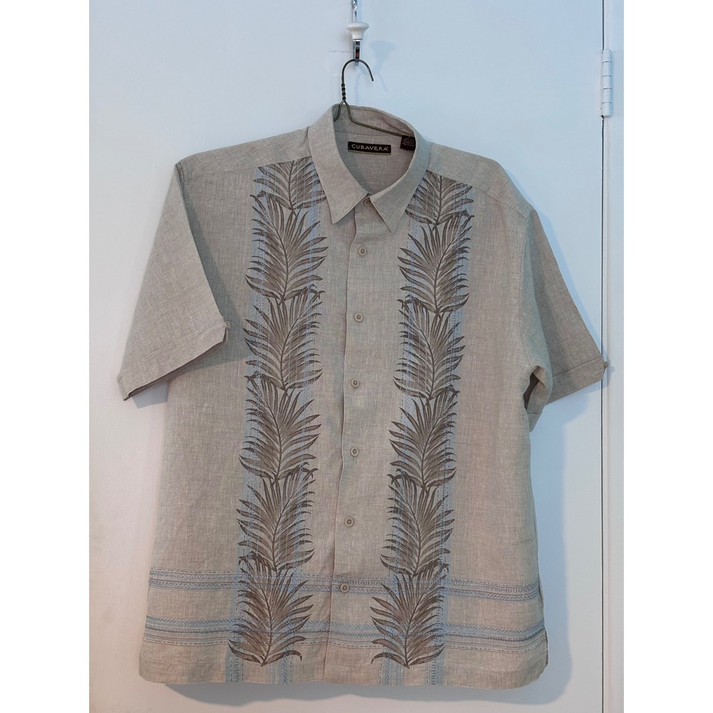 Cubavera Mens Large 100% Linen Embroidered Guayabera Shirt Beige Short Sleeve